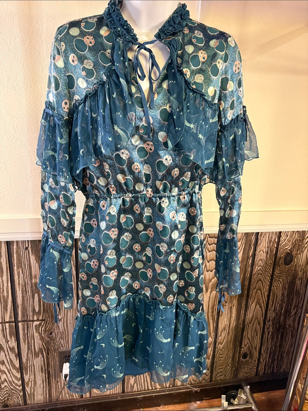 Anna Sui Teal Moon & Stars Ruffle Midi Dress
